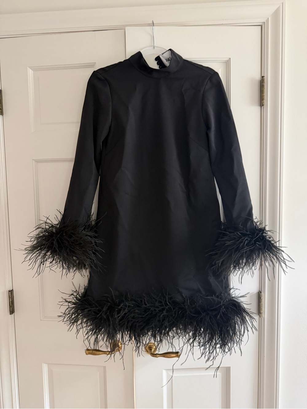 Black Feather Trim Long Sleeve Shift Dress